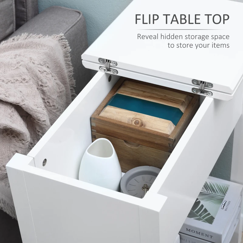 HOMCOM Flip Top End Table, Side Table with Storage Shelf and Cable Management, Narrow Nightstand for Living Room, Bedroom, White