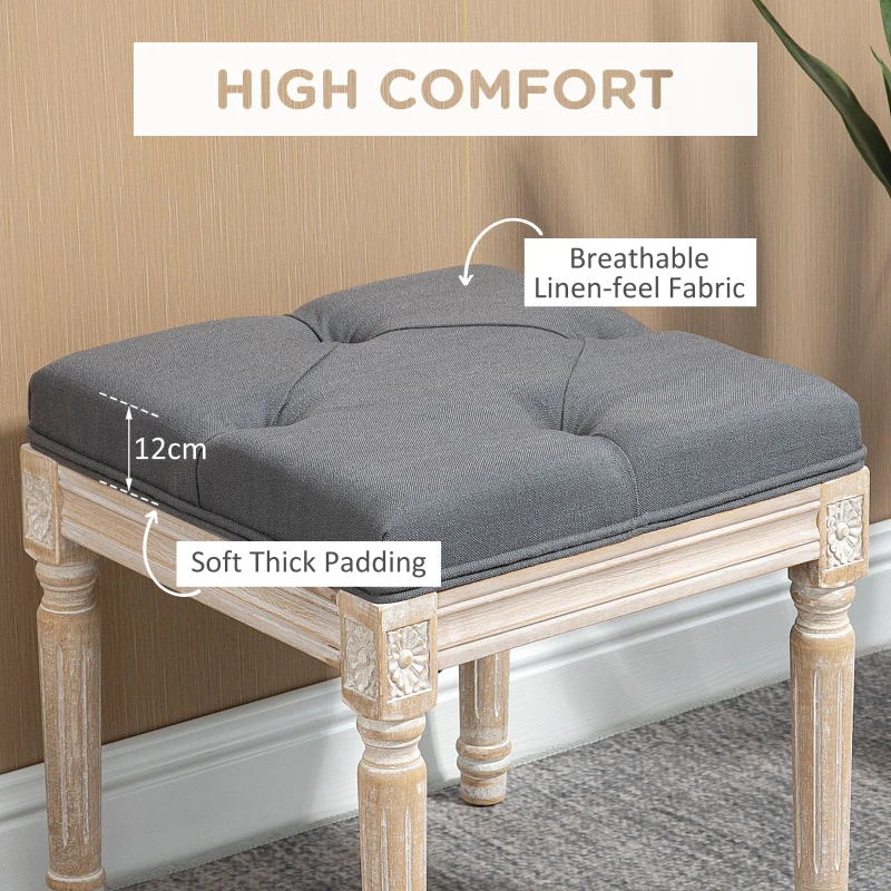 HOMCOM 16" Vintage Ottoman, Tufted Foot Stool with Upholstered Seat, Rustic Wood Legs for Bedroom, Living Room, Gray