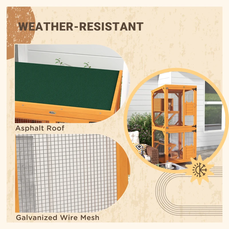 PawHut Large Cat House for 1-3 Cats on Wheels Wooden Catio Enclosure Orange