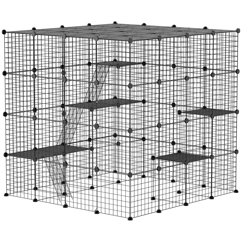 PawHut 4-Tier 55" Cat Cage Indoor with Platforms, Ramps, Accessories, for 1-3 Cats, Indoor Use, Black