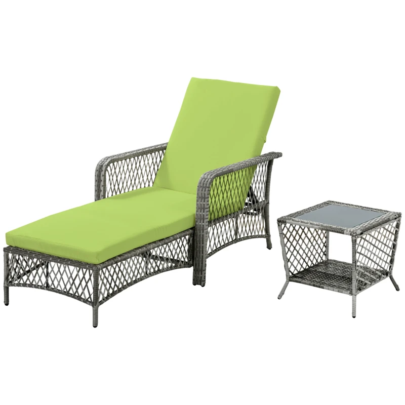 Outsunny 2 Pieces Wicker Patio Lounge Set w/ Cushions, Outdoor PE Rattan Sun Lounger Sets w/ 5-Level Reclining Chaise Chair & Two-tier Glass Top Coffee Table, Green