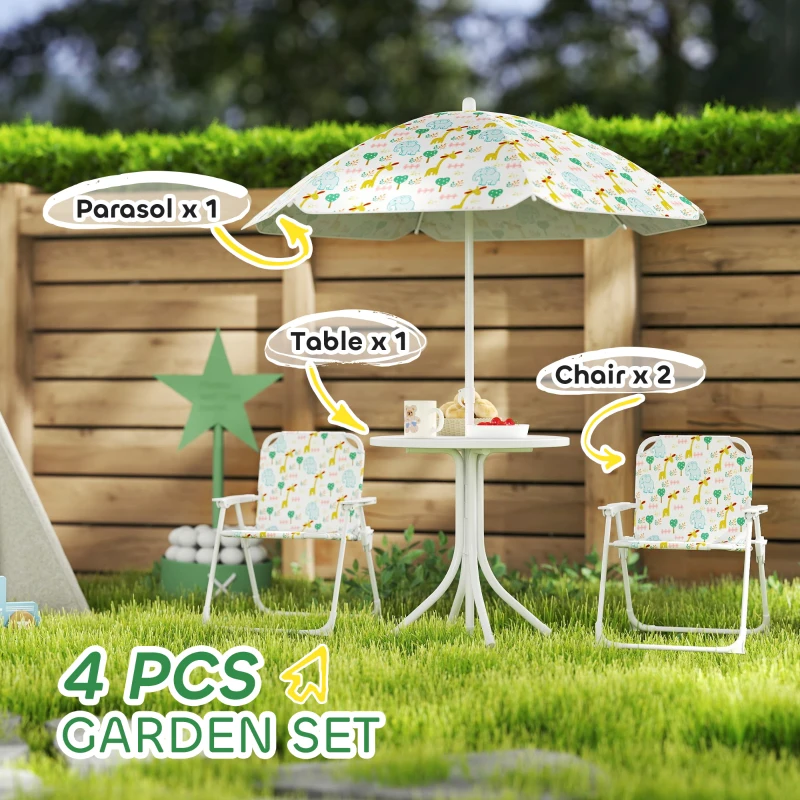 Qaba Kids Picnic Table and Chair Set, Outdoor Activity Table with Foldable Chairs, Removable Umbrella for Backyard, White