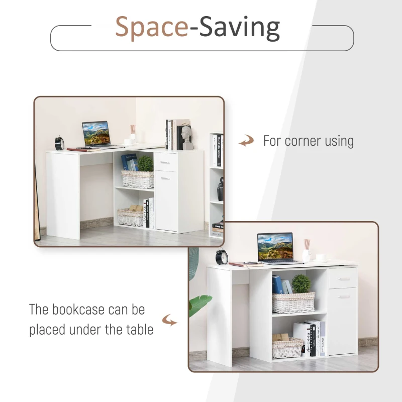 HOMCOM 180° Rotating Home Office Corner Desk Storage Shelf Cabinet White