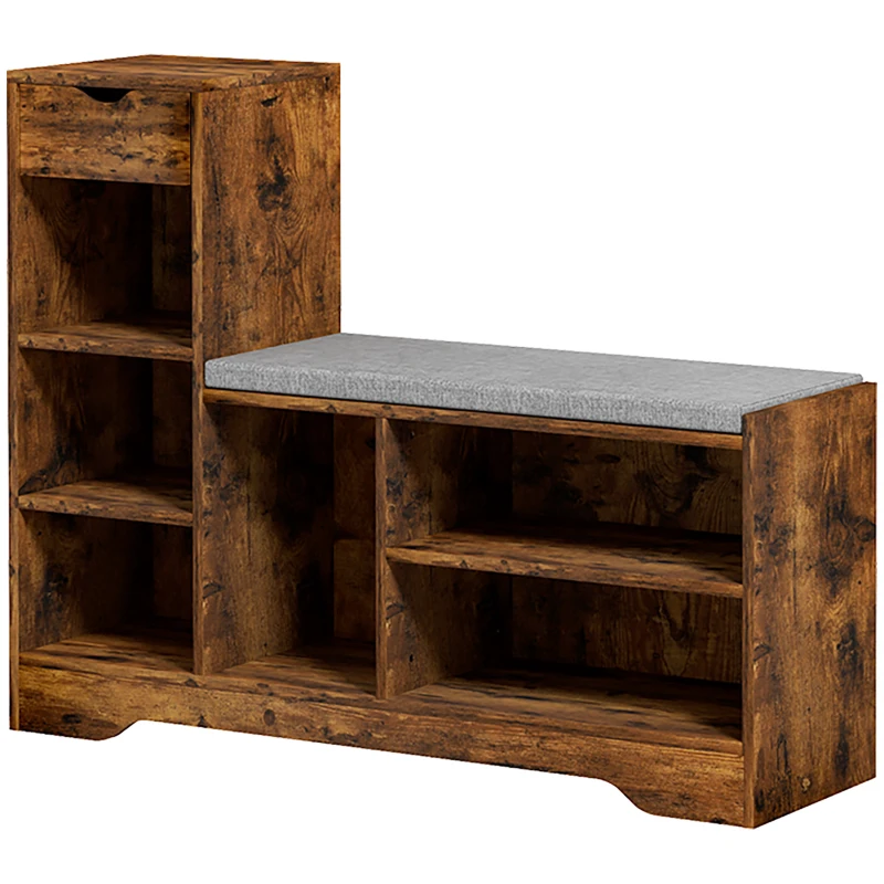 HOMCOM Upholstered Shoe Storage Bench w/ Seat, Entrance Bench w/ Drawer and 6 Open Shelves for Hallway, Rustic Brown