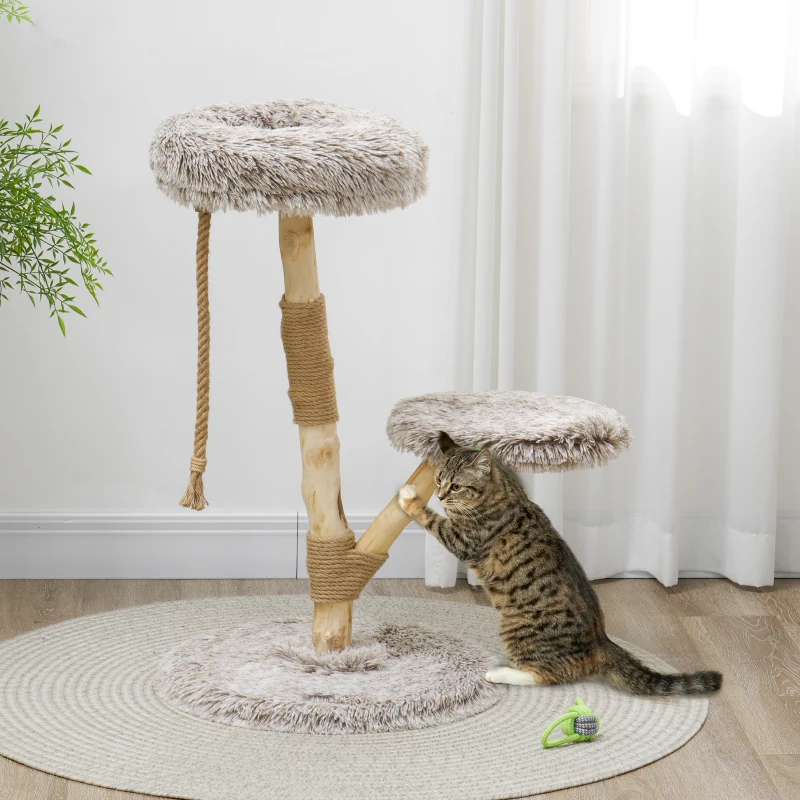 PawHut 35 Inch Modern Cat Tree for Indoor Adult Cats with Wooden Scratching Posts, Cat Bed & Rope Cat Toy, Brown