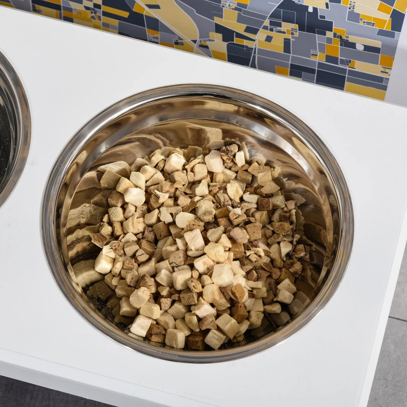 PawHut 6" Height Small Puppy Dog Feeding Station for Messy Pets, Stainless Steel Elevated Dog Bowls with Modern Wooden Frame, Dog Food Stand Pet Feeding Station, White