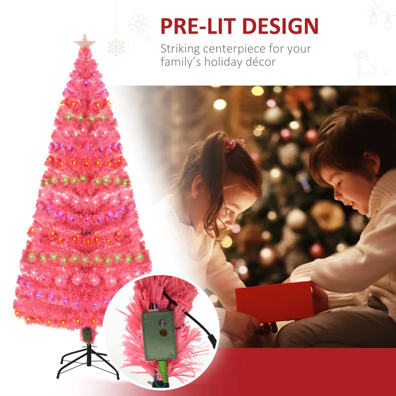HOMCOM 6ft Tall Fir Artificial Christmas Tree with Realistic Branches, 230 Multi-Color Fiber Optic LED Lights and 230 Tips, Pink