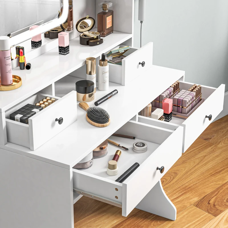 HOMCOM Dressing Table with Lighted Mirror, Vanity Table with Charging Station, USB Ports, Drawers, Storage Shelves, White
