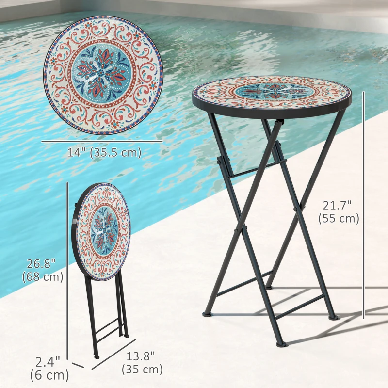 Outsunny Mosaic Outdoor Patio Side Table, 14" Round Folding Outdoor Coffee Table with Steel Frame for Balcony Deck Patio Terrace, Mixed Colour