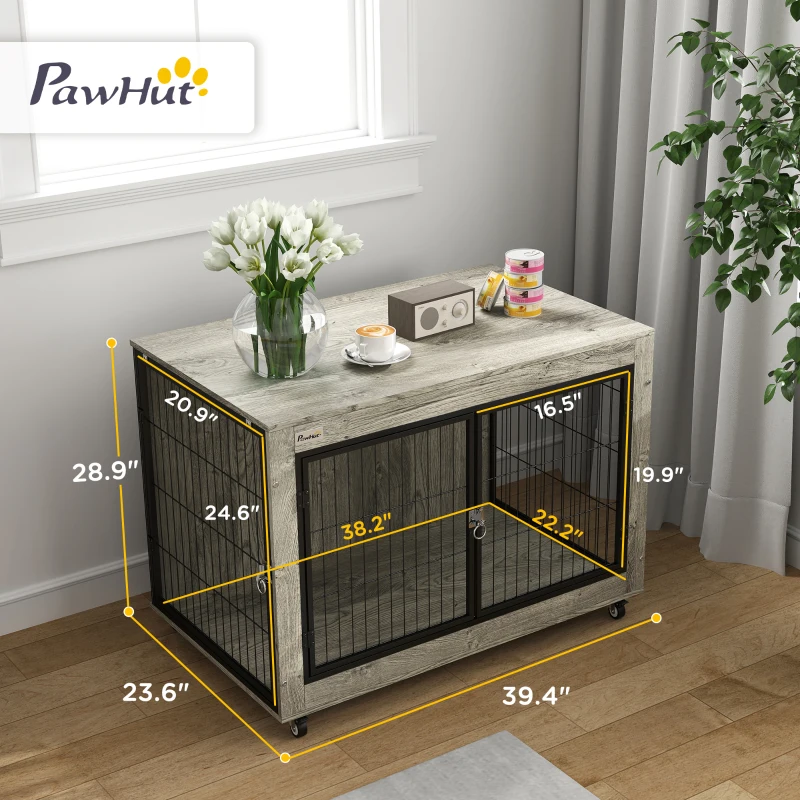 PawHut 39" Dog Crate Furniture End Side Table with Wheels, Interchangeable Side Door, for Large Dogs, Gray