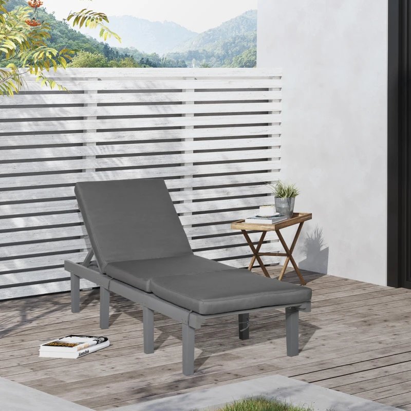 Outsunny Chaise Lounge Chair for Outdoor, Wood Outdoor Chaise Lounge with 4-Position Adjustable Backrest and Cushion, Reclining Beach Lounge Chair for Deck, Pool, Lawn and Sunbathing, Gray