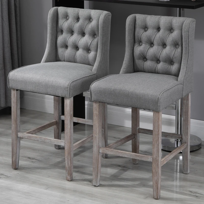 HOMCOM 26.25" Counter Height Bar Stools, Tufted Wingback Armless Upholstered Dining Chair with Rubber Wood Legs, Set of 2, Gray