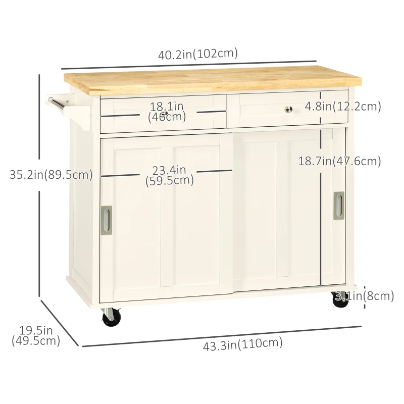 HOMCOM Rolling Kitchen Island, Kitchen Cart on Wheels with Rubberwood Top, 2 Drawers, Towel Rack, Cream White