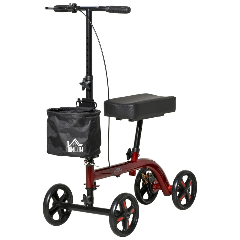 HOMCOM Knee Walker, Foldable Steerable Medical Knee Scooter, Crutch Alternative with Drum Braking System, Storage Bag for Foot Injuries, Red