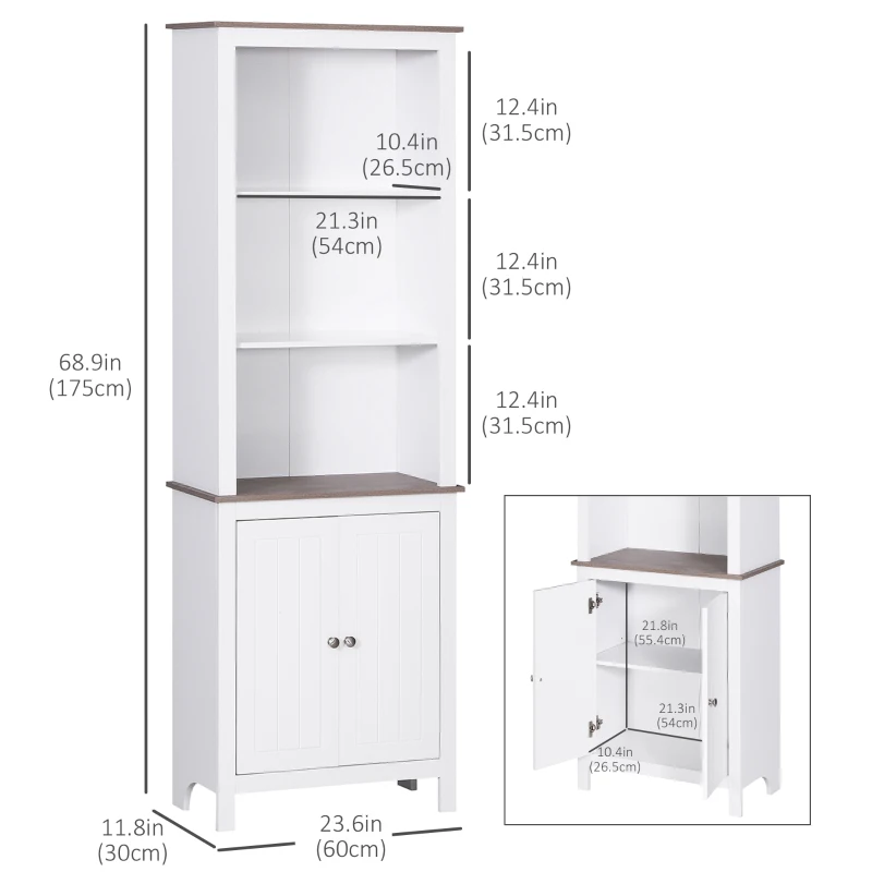 HOMCOM 69" Tall Bathroom Storage Cabinet, Bookcase with 3 Open Compartments and Double Door Cupboard, White