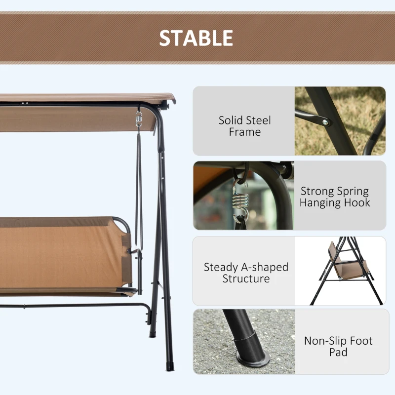Outsunny 3-Person Porch Swing with Stand, Outdoor Swing for Patio Porch with Adjustable Tilt Canopy and Comfortable Swing Bench-Style Seat, Steel Frame, Brown