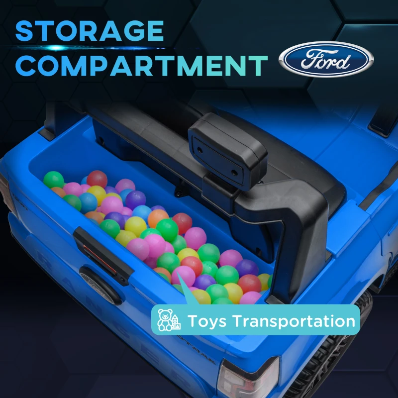 Qaba Ford Ranger Licensed Kids Ride on Car 12V Battery Power Car with Remote Control, Spring Suspension Toy Storage, Blue