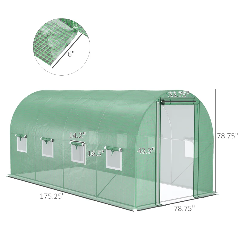 Outsunny 14.6' x 6.6' x 6.6' Walk-in Tunnel Hoop Greenhouse with Mesh Door & 8 Windows, Large Green House for Outside for Plants, Flowers, Vegetables, Galvanized Steel Frame & PE Cover, Green