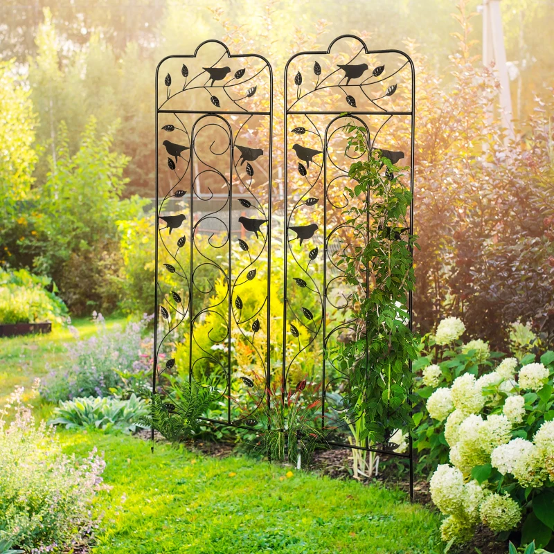 Outsunny 2 Pack Garden Trellis for Climbing Plants, Outdoor Metal Grid Panels with Birds and Leaves, for Roses, Vine Flower, Cucumber, Clematis, 59" Tall