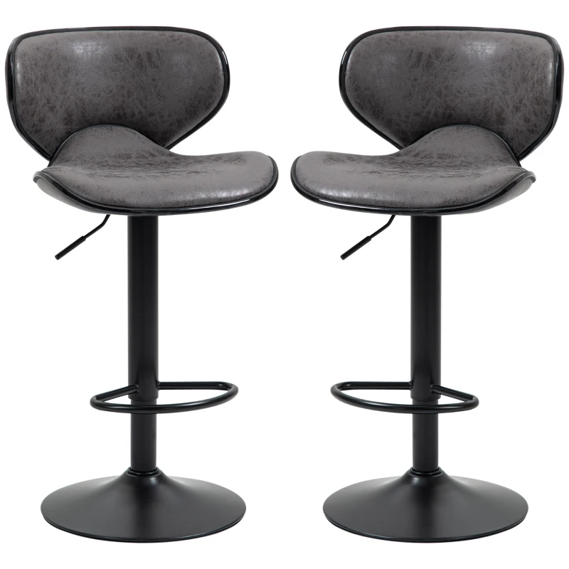 HOMCOM Adjustable Bar Stools Set of 2, Swivel Counter Height Barstools, Leathaire Upholstered Kitchen Island Stools with Back, Footrest and Steel Base, Dark Grey