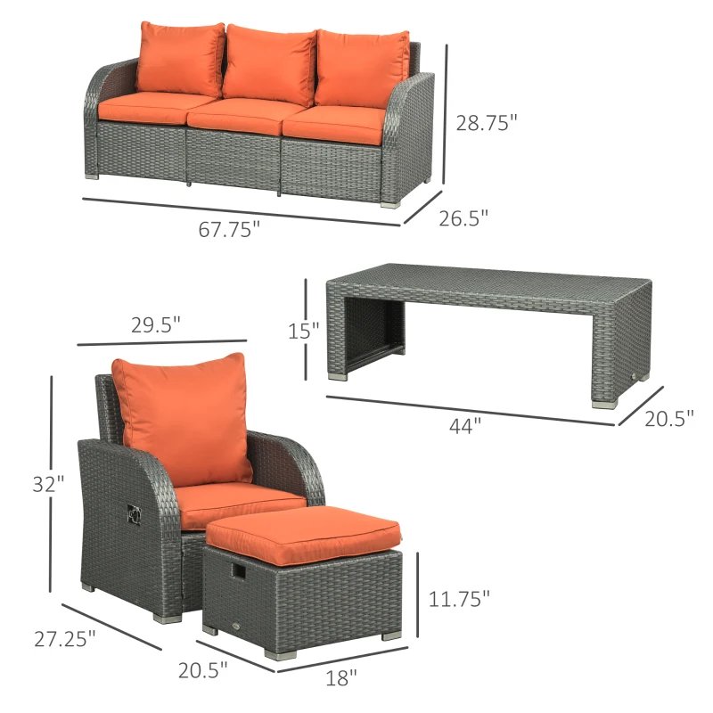 Outsunny Patio Furniture with Cushions, 6 Pieces PE Wicker Patio Sectional Furniture Conversation Set w/ a Three-Seat Sofa, 2 Recliner Chairs, 2 Footstools & Table, Orange