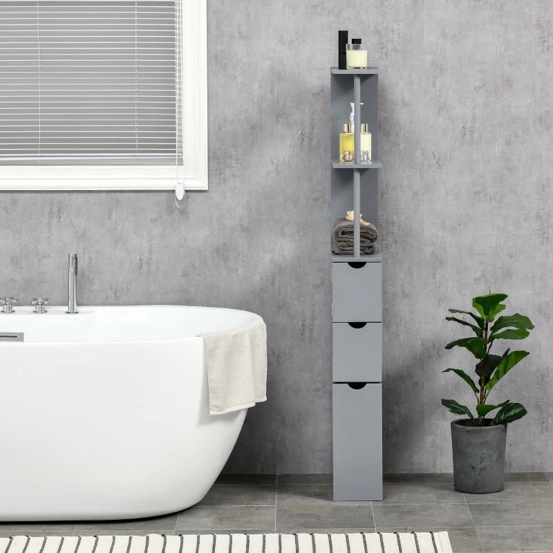 HOMCOM 54" Tall Bathroom Storage Cabinet, Freestanding Linen Tower with 2-Tier Shelf and Drawers, Narrow Side Floor Organizer, Grey
