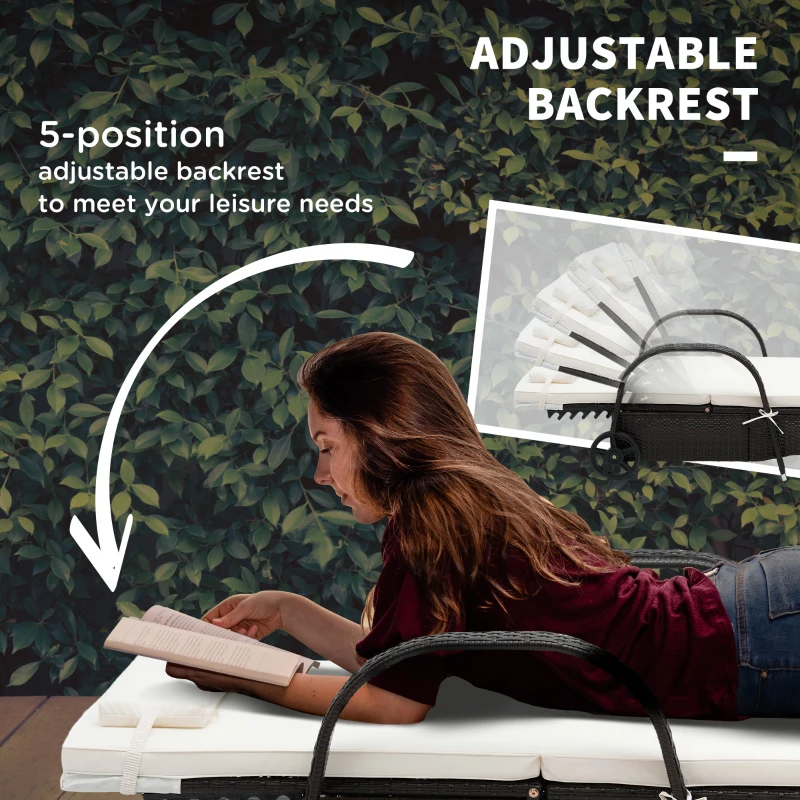 Outsunny Outdoor Chaise Lounge, 5-Level Adjustable Backrest Rattan Pool Lounge Chair with Wheels, Cushion & Headrest, Cream