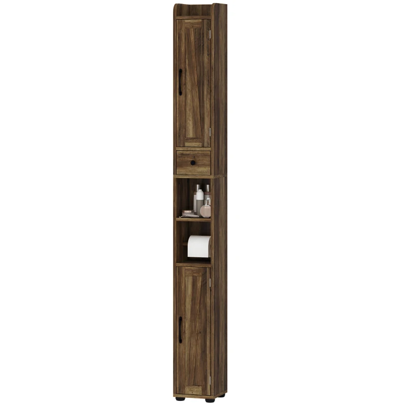 HOMCOM Narrow Bathroom Cabinet, Tall Bathroom Storage Cabinet with Barn Doors, Drawer and Adjustable Shelves, Brown Wood Grain