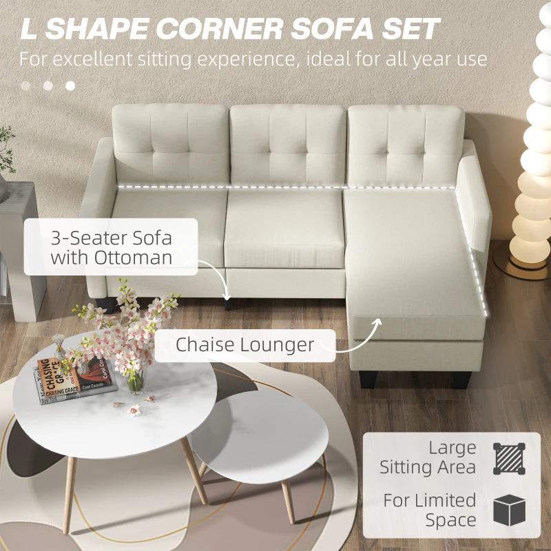 HOMCOM Small Corner Sofa, 3 Seater Sectional Couch with Ottoman, Corner Sofa with Thick Padded Cushion and Wood Legs, Beige