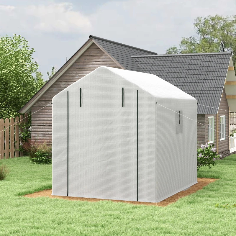 Outsunny 8' x 6' x 7' Portable Walk in Greenhouse with Mesh, Door, Windows, 18 Shelf, Trellis, Plant Labels, White