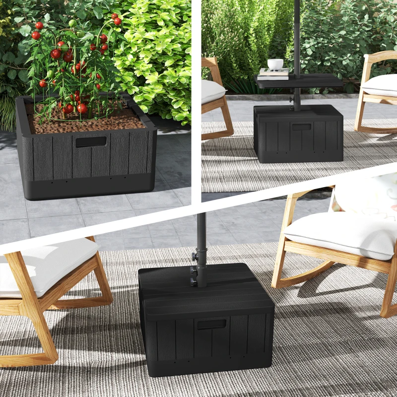 Outsunny 3-in-1 Outdoor Umbrella Base with Table Tray, Coffee End Table, Planter Box with Drain Hole, 175 lbs. Capacity Heavy Duty Fillable Patio Umbrella Stand Table with Wheels and Handles, Black