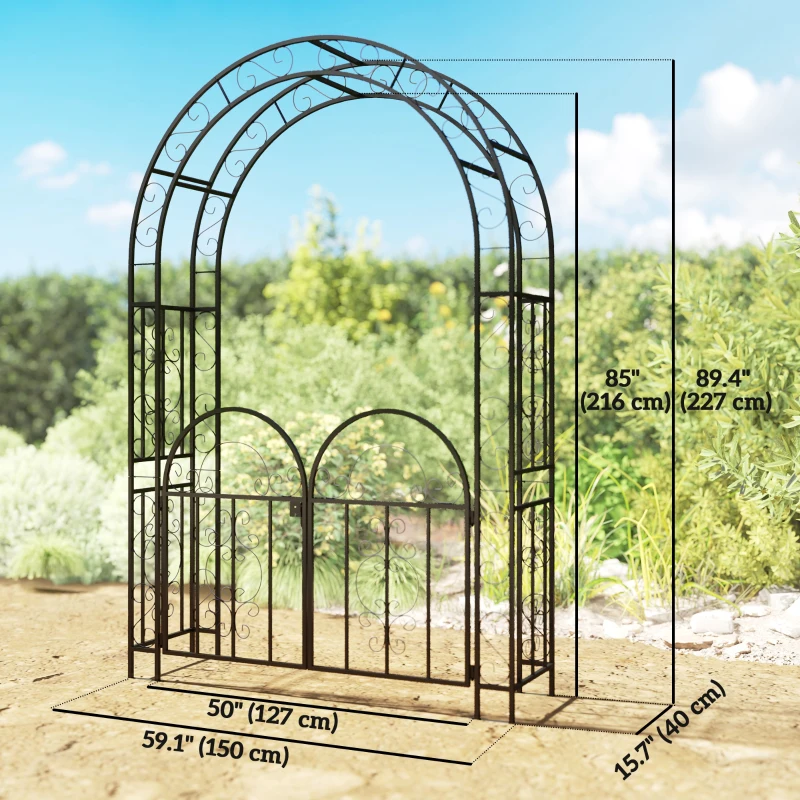 Outsunny 7.4ft Steel Garden Arch with Gate, Garden Arbor Trellis for Climbing Plants, Roses, Vines, Wedding Arch for Outdoor, Garden, Lawn, Backyard, Black