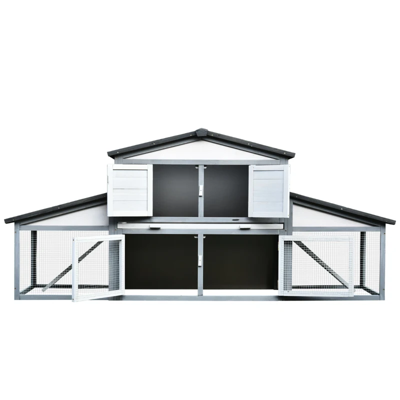 PawHut 89"L Outdoor Rabbit Hutch, Guinea Pig Cage Indoor Outdoor Wooden Bunny Hutch with Double Runs, Weatherproof Roof, Removable Tray, Ramps, Gray