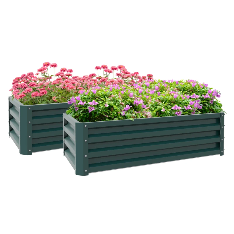 Outsunny Galvanized Raised Garden Beds, Outdoor Planter Box, Set of 2, for Flowers, Herbs and Vegetables, Green