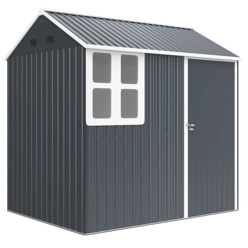 Outsunny 7' x 5.5' Metal Garden Storage Shed, Outdoor Tool Storage House with Lockable Door, Vents, Sloped Roof, Dark Grey