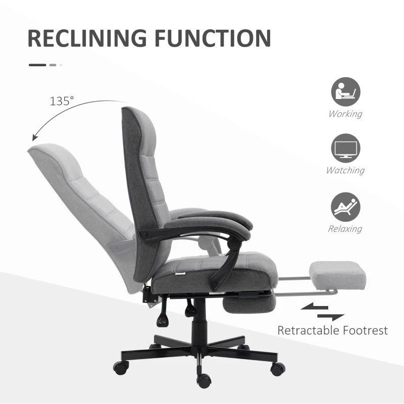 Vinsetto Computer Desk Chair, High-Back Office Chair, Reclining Chair with Adjustable Height, Footrest and Swivel Wheels, Grey