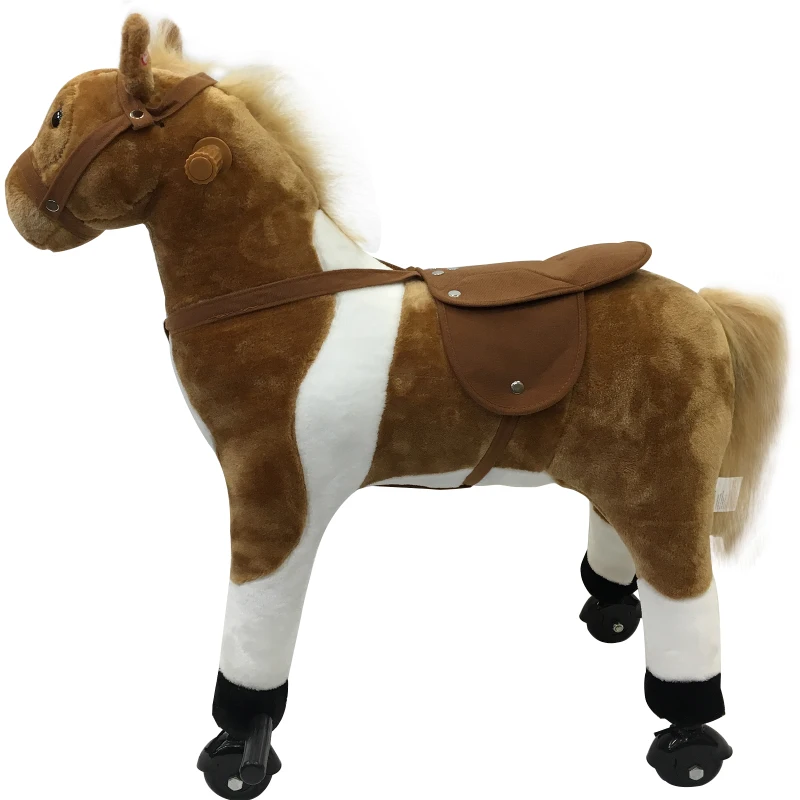 Qaba Kids Plush Ride On Toy Walking Horse with Wheels and Realistic Sounds, 30"H, Brown