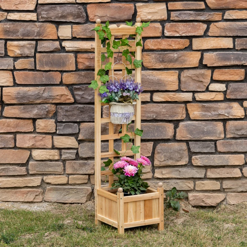 Outsunny Wooden Raised Garden Bed with Trellis, Outdoor Planter Box with Drainage Crevices for Climbing Vine Plants Flowers, 12" x 12" x 49"