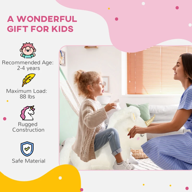 Qaba Kids Rocking Horse, Ride on Unicorn with Realistic Sounds & Wooden Base for Years 2-4, White