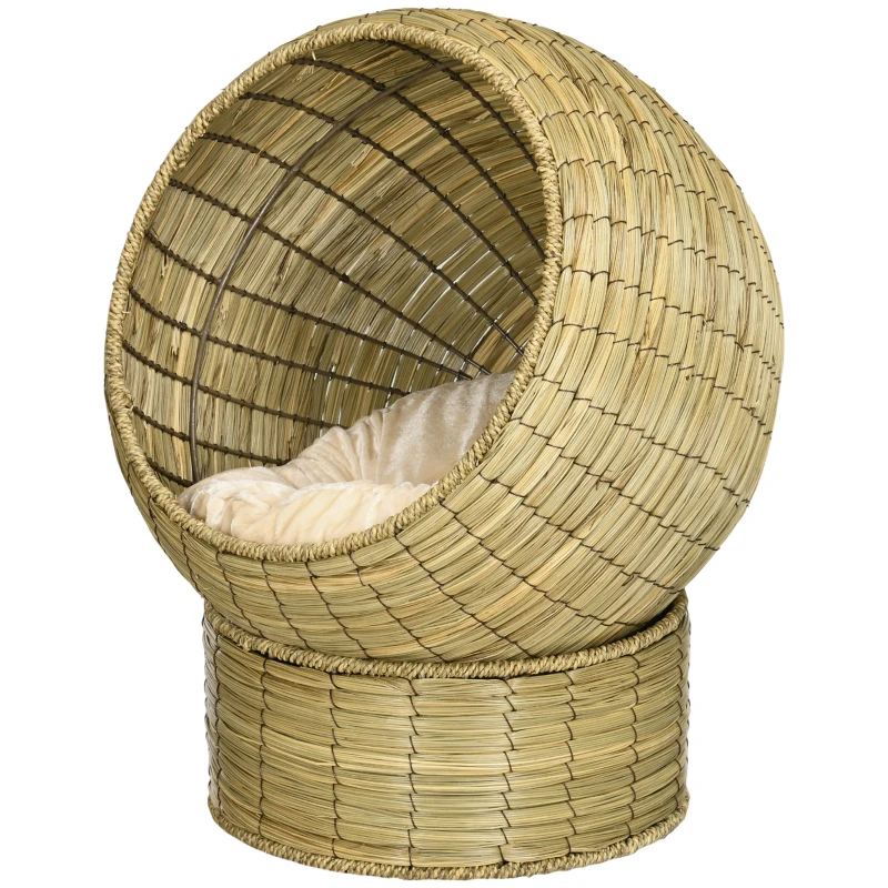 PawHut Handwoven Elevated Cat Bed with Soft Cushion & Cat Egg Chair Shape, Cat Basket Bed Kitty House with Stand, Raised Wicker Cat Bed for Indoor Cats, 23.5" H, Yellow