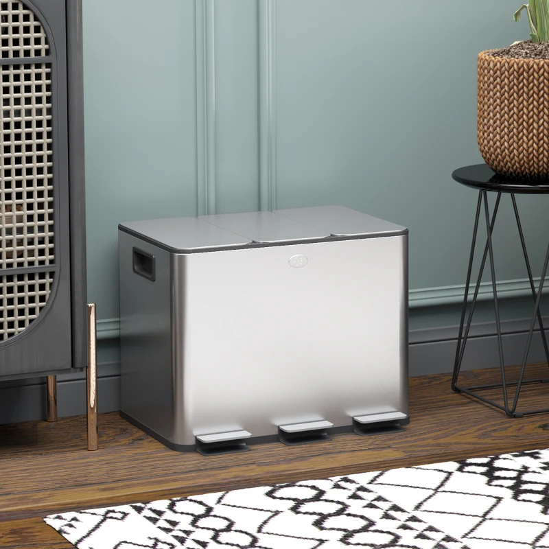 HOMCOM Triple Garbage Bin, Soft-Close Trash Can with Foot Pedal, 3 x 20 Liter Garbage Can with Removable Inner Buckets, Silver