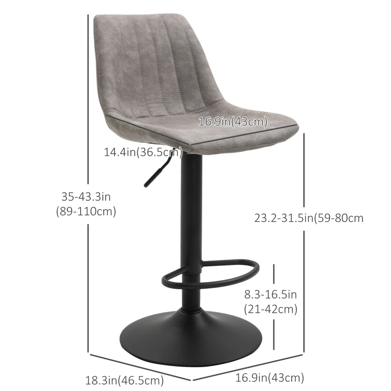 HOMCOM Adjustable Bar Stools Set of 2, Leathaire Swivel Barstools with Back and Footrest, Upholstered Bar Chairs for Kitchen, Dining Room, Home Pub, Grey