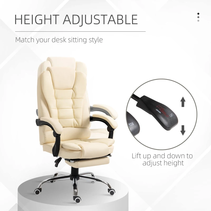 HOMCOM High Back Office Chair PU Leather Executive Office Chair with Retractable Footrest Padded Armrest Cream White