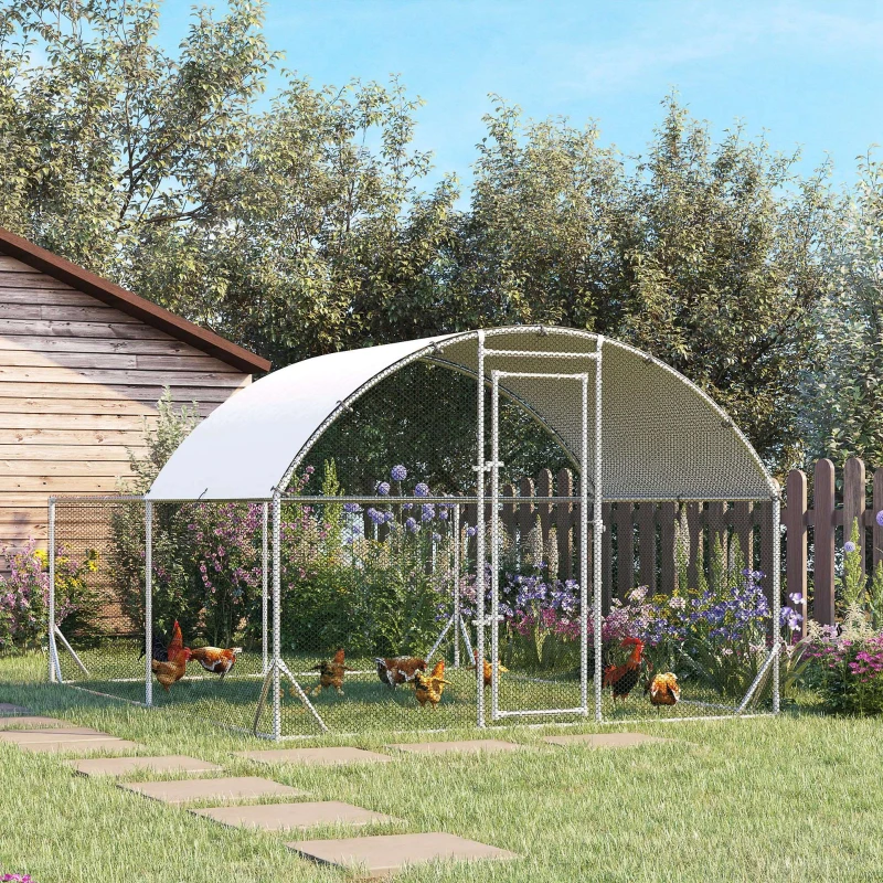 PawHut Large Chicken Coop Metal Chicken Run for Chickens with Waterproof and Anti-UV Cover, Dome Shaped Walk in Fence Cage Hen House for Outdoor and Yard Farm Use, 1" Dia, 12.5' x 9.2' x 6.4'