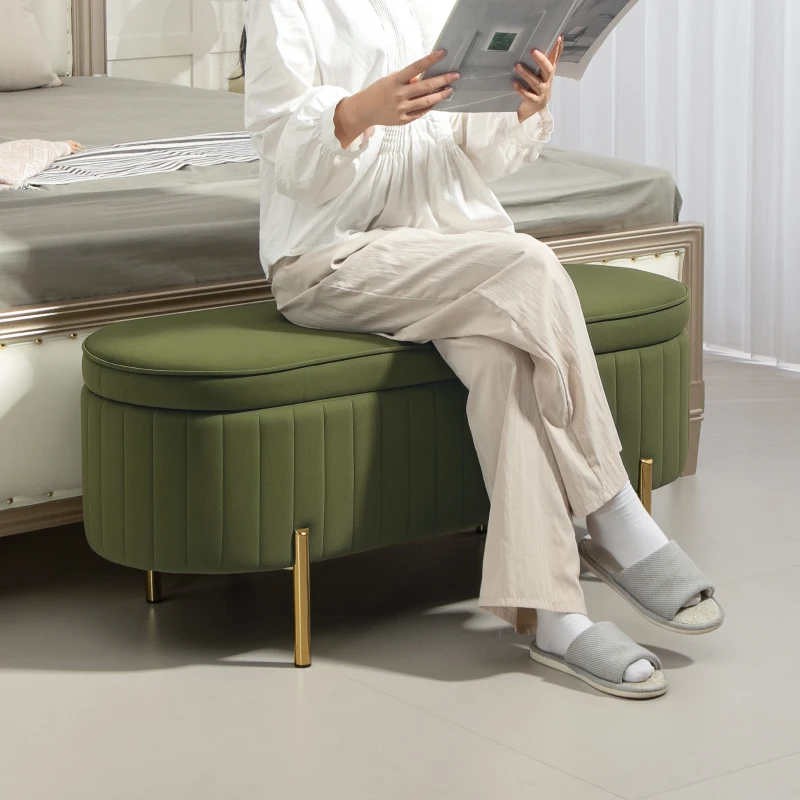 HOMCOM Upholstered Bedroom Bench, Channel Tufted Ottoman Bench with Thick Padding and Metal Legs, Dark Green