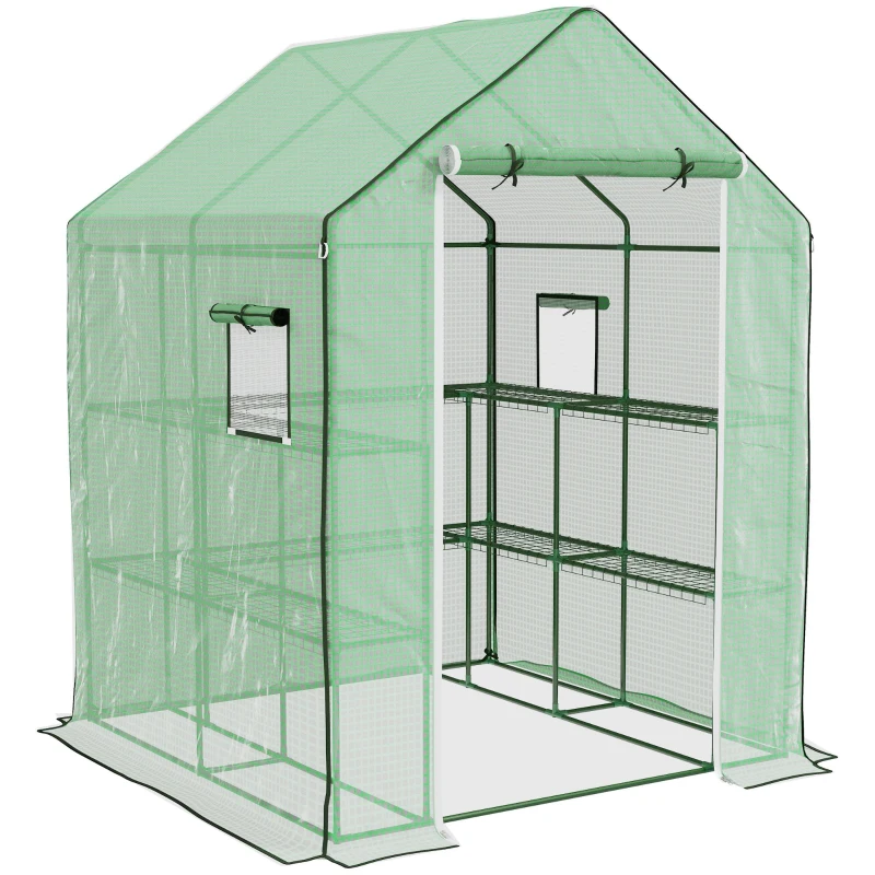 Outsunny 4.6' x 4.7' Portable Greenhouse, Water/UV Resistant Walk-In Small Outdoor Green House with 2 Tier U-Shaped Flower Rack Shelves, Roll Up Door & Windows, Green
