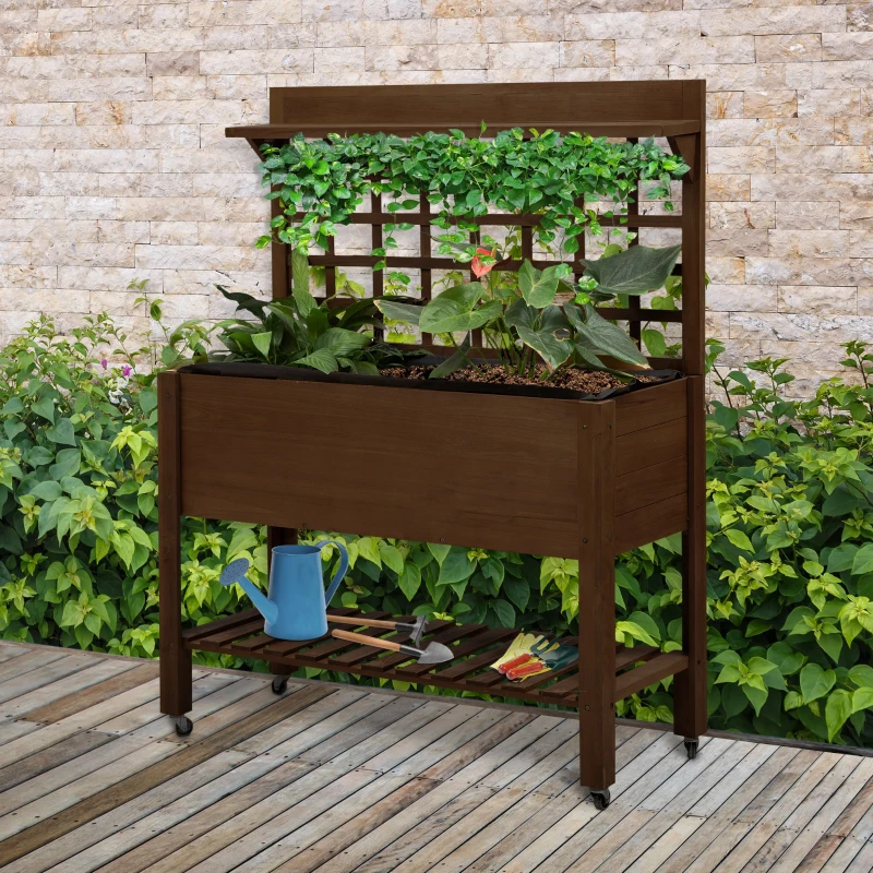 Outsunny 41" Raised Garden Bed Mobile Elevated Wooden Planter Box Stand with Wheels, Trellis and Storage Shelf, Dark Brown