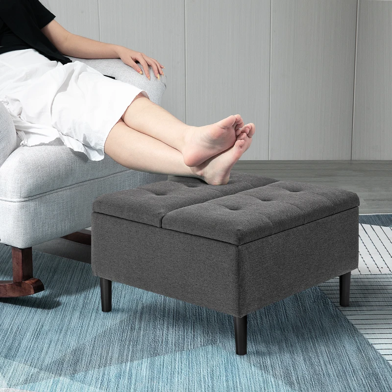 HOMCOM 30" Square Storage Ottoman, Upholstered Ottoman Coffee Table with Lift Top, Button Tufted and Wood Legs, Accent Footstool for Living Room, Dark Gray