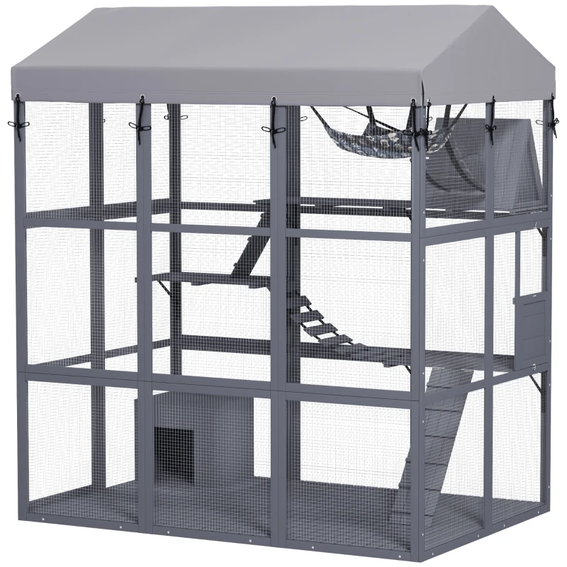 PawHut 81"H Catio Outdoor with Floor to Prevent Escaping & Easy Cleaning, for 2-4 Cats Kittens, Grey