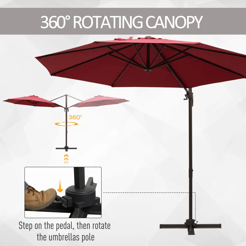 Outsunny 10ft Cantilever Patio Umbrella with 360° Rotation, Crank & Cross Base for Garden Deck Pool Backyard, Wine Red